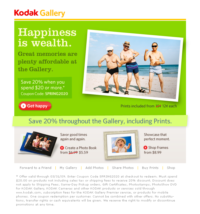 Boe Gatiss - 'Happiness Is Wealth' Direct Response Email for Kodak Gallery